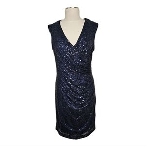 Holiday Party Dress sequin wrap women's XL blue midi ruched party cocktail